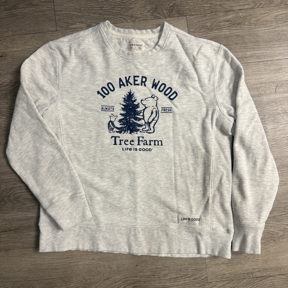 Life Is Good Light Grey Winnie The Pooh 100 Aker Wood Crewneck Size L Christmas